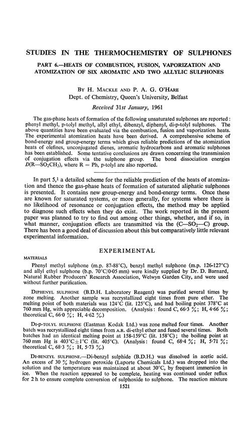 Studies in the thermochemistry of sulphones. Part 6.—Heats of combustion, fusion, vaporization and atomization of six aromatic and two allylic sulphones