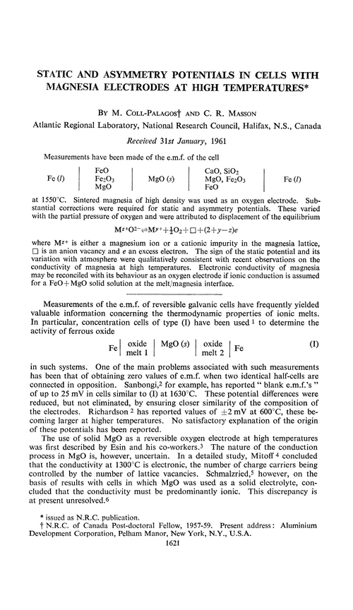Static and asymmetry potentials in cells with magnesia electrodes at high temperatures
