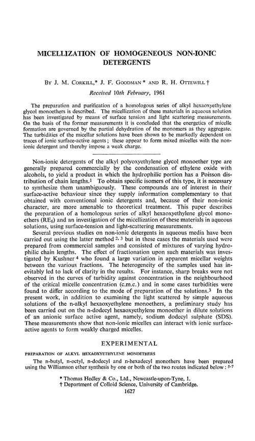 Micellization of homogeneous non-ionic detergents