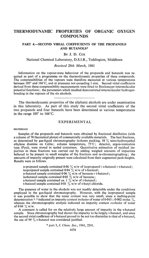 Thermodynamic properties of organic oxygen compounds. Part 4.—Second virial coefficients of the propanols and butanols