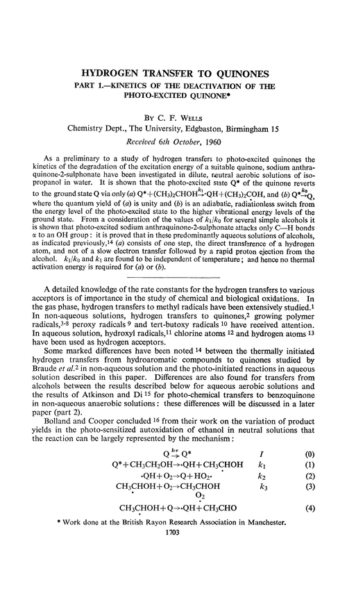 Hydrogen transfer to quinones. Part 1.—Kinetics of the deactivation of the photo-excited quinone