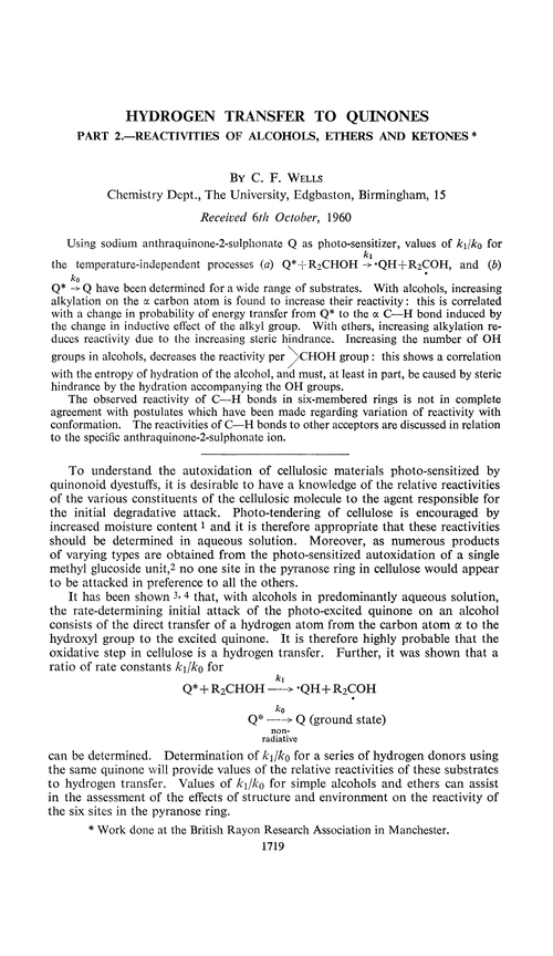 Hydrogen transfer to quinones. Part 2.—Reactivities of alcohols, ethers and ketones