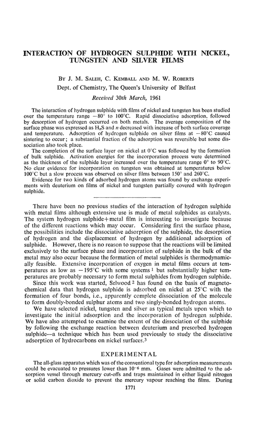 Interaction of hydrogen sulphide with nickel, tungsten and silver films