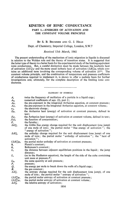 Kinetics of ionic conductance. Part 1.—Energies of activation and the constant volume principle