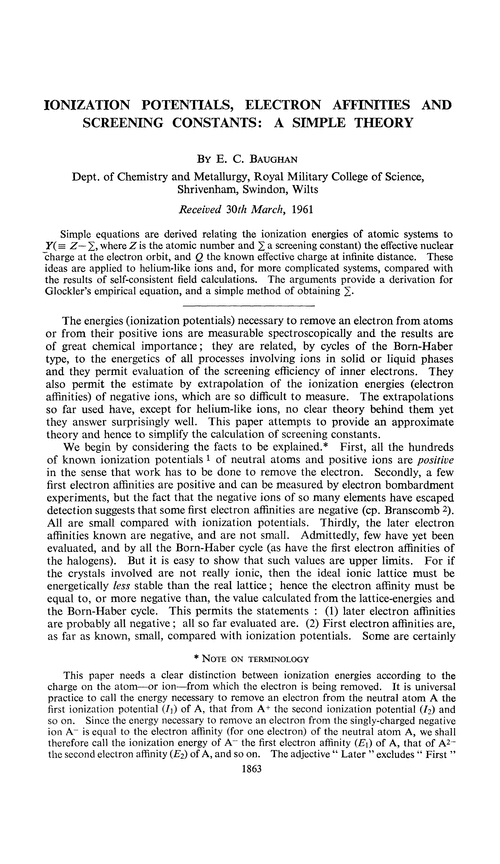 Ionization potentials, electron affinities and screening constants: a simple theory