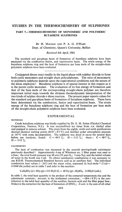 Studies in the thermochemistry of sulphones. Part 7.—Thermochemistry of monomeric and polymeric butadiene sulphones