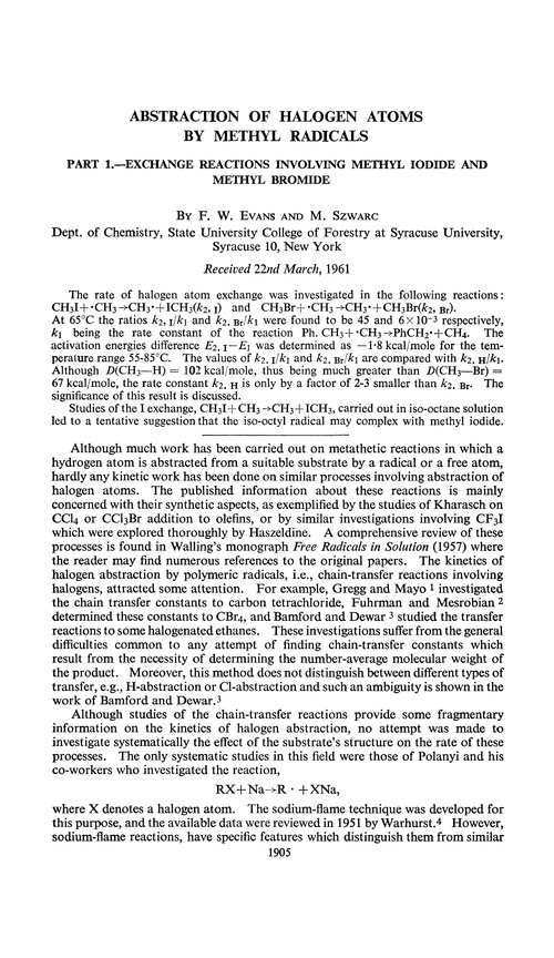 Abstraction of halogen atoms by methyl radicals. Part 1.—Exchange reactions involving methyl iodide and methyl bromide