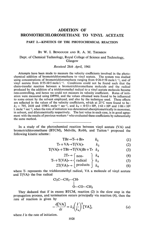 Addition of bromotrichloromethane to vinyl acetate. Part 2.—Kinetics of the photochemical reaction