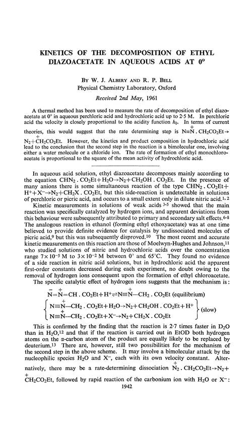 Kinetics of the decomposition of ethyl diazoacetate in aqueous acids at 0°