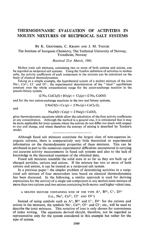 Thermodynamic evaluation of activities in molten mixtures of reciprocal salt systems