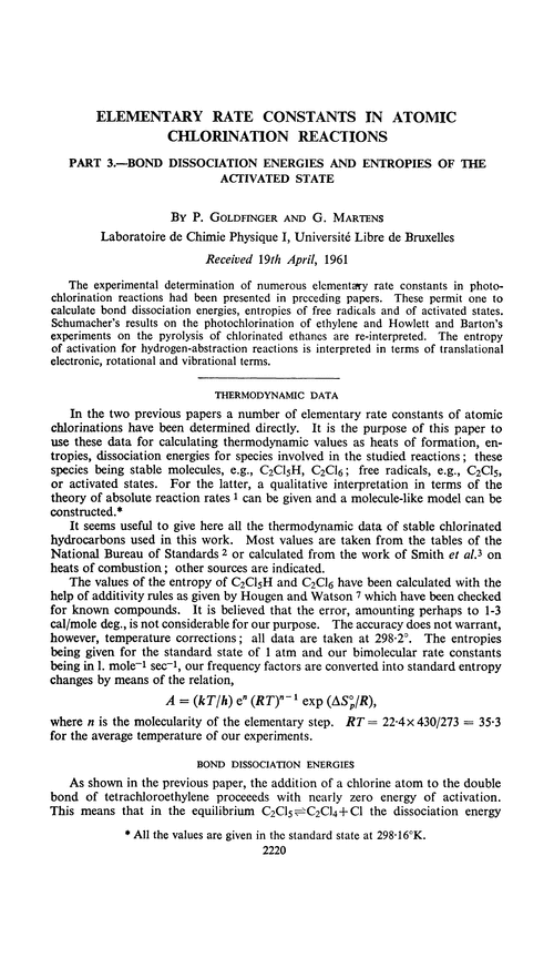 Elementary rate constants in atomic chlorination reactions. Part 3.—Bond dissociation energies and entropies of the activated state