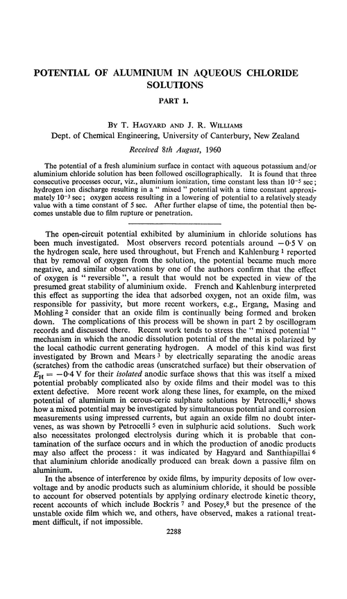 Potential of aluminium in aqueous chloride solutions. Part 1