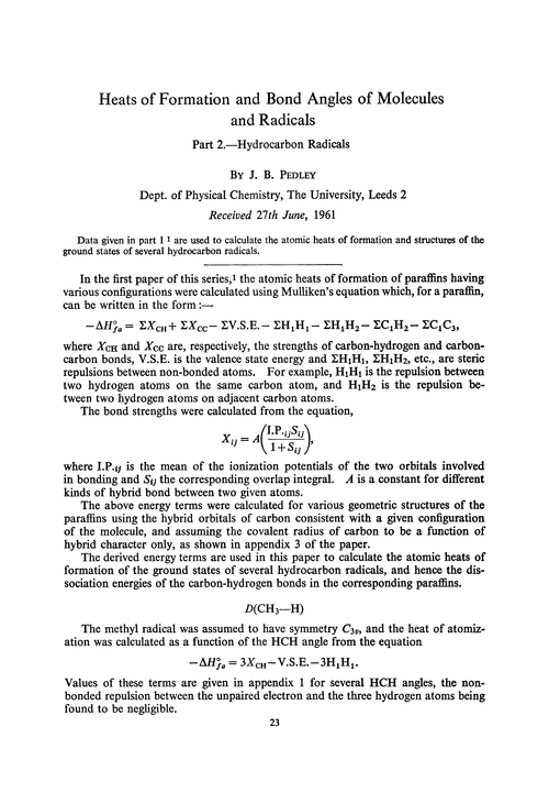 Heats of formation and bond angles of molecules and radicals. Part 2.—Hydrocarbon radicals