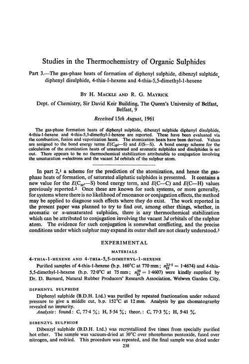 Studies in the thermochemistry of organic sulphides. Part 3.—The gas-phase heats of formation of diphenyl sulphide, dibenzyl sulphide, diphenyl disulphide, 4-thia-1-hexene and 4-thia-5,5-dimethyl-1-hexene