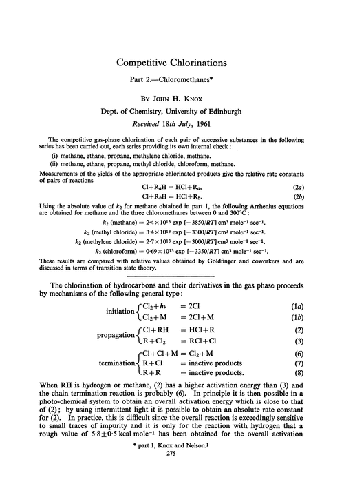 Competitive chlorinations. Part 2.—Chloromethanes