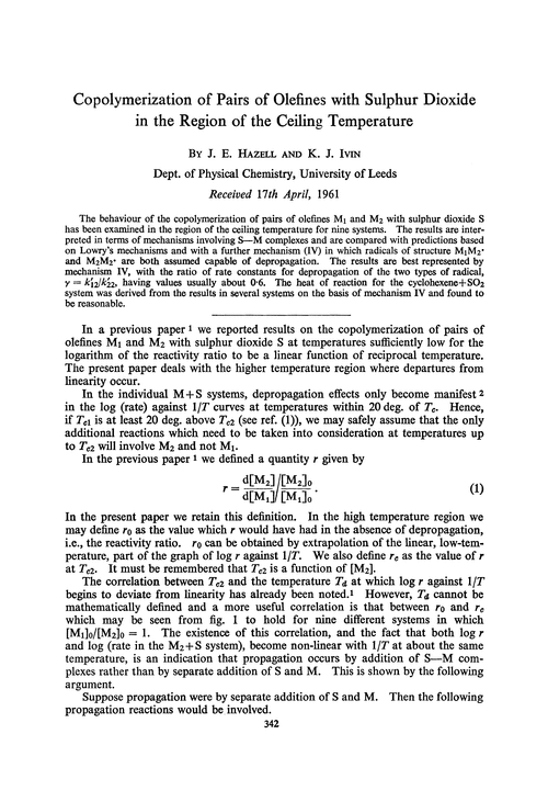 Copolymerization of pairs of olefines with sulphur dioxide in the region of the ceiling temperature