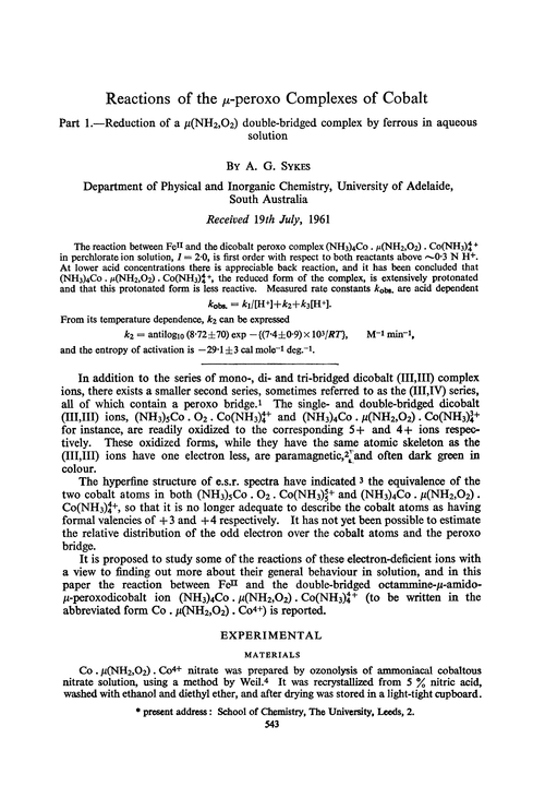 Reactions of the µ-peroxo complexes of cobalt. Part 1.—Reduction of a µ(NH2,O2) double-bridged complex by ferrous in aqueous solution