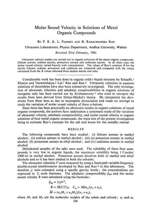 Molar sound velocity in solutions of metal organic compounds