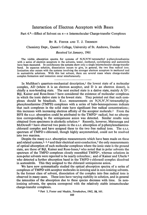 Interaction of electron acceptors with bases. Part 4.—Effect of solvent on π–π intermolecular charge-transfer complexes