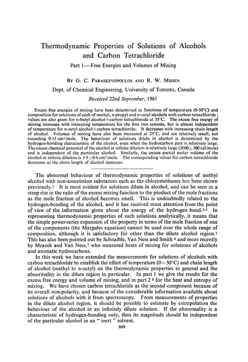 Thermodynamic properties of solutions of alcohols and carbon tetrachloride. Part 1.—Free energies and volumes of mixing