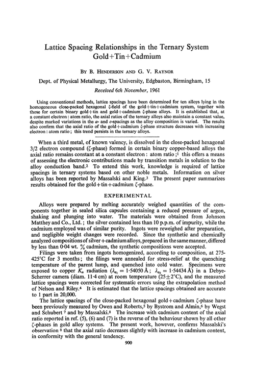 Lattice spacing relationships in the ternary system gold + tin + cadmium