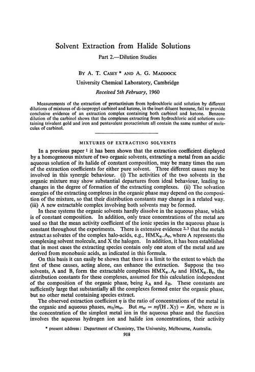 Solvent extraction from halide solutions. Part 2.—Dilution studies