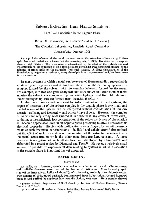 Solvent extraction from halide solutions. Part 3.—Dissociation in the organic phase