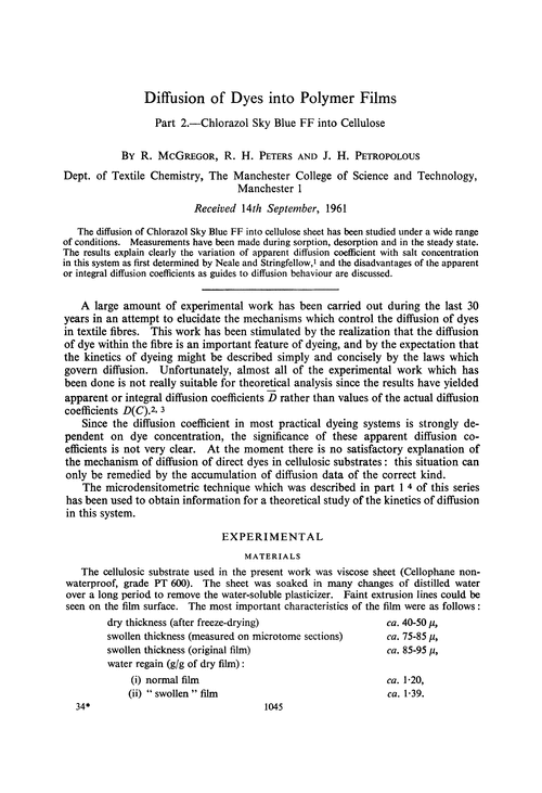 Diffusion of dyes into polymer films. Part 2.—Chlorazol Sky Blue FF into cellulose