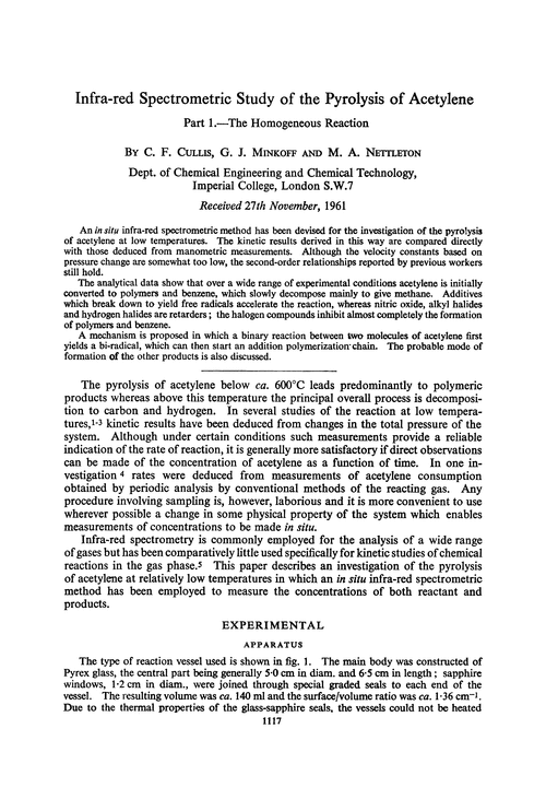 Infra-red spectrometric study of the pyrolysis of acetylene. Part 1.—The homogeneous reaction