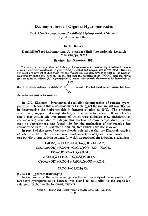 Decomposition of organic hydroperoxides. Part 5.—Decomposition of tert-butyl hydroperoxide catalyzed by nitriles and base