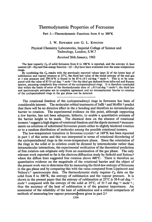 Thermodynamic properties of ferrocene. Part 3.—Thermodynamic functions from 0 to 300°K