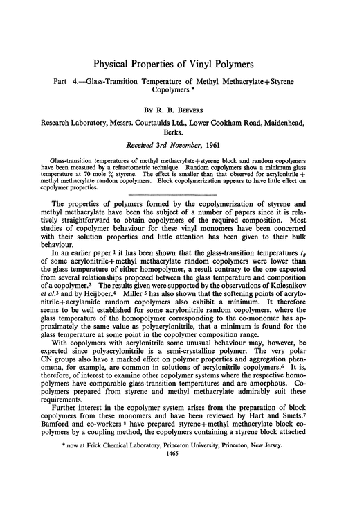 Physical properties of vinyl polymers. Part 4.—Glass-transition temperature of methyl methacrylate + styrene copolymers