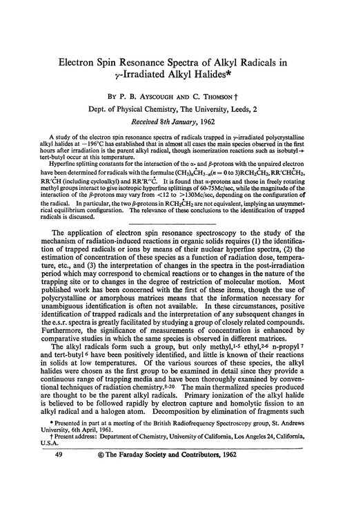Electron spin resonance spectra of alkyl radicals in γ-irradiated alkyl halides