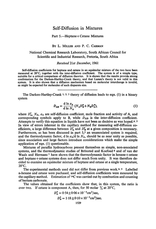 Self-diffusion in mixtures. Part 5.—Heptane + cetane mixtures