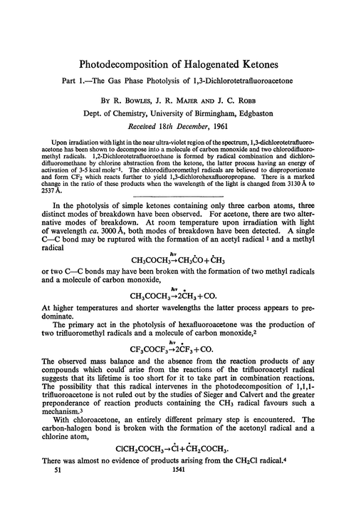 Photodecomposition of halogenated ketones. Part 1.—The gas phase photolysis of 1,3-dichlorotetrafluoroacetone