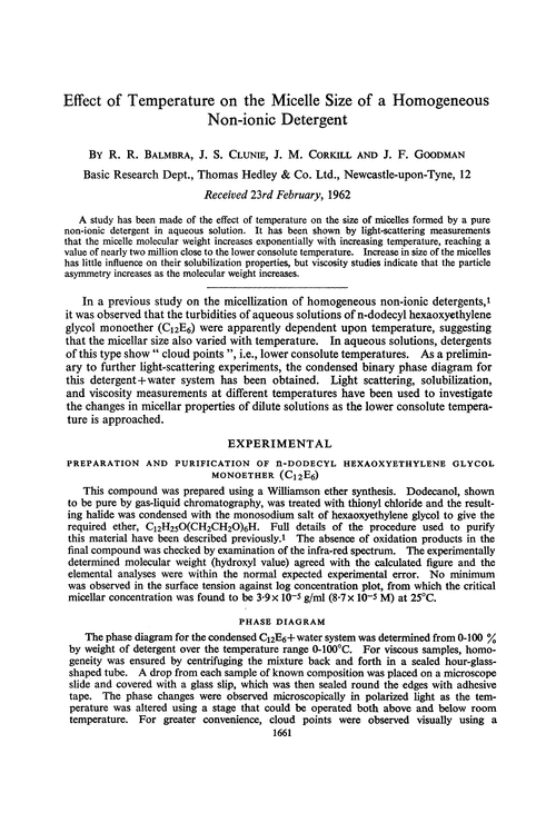 Effect of temperature on the micelle size of a homogeneous non-ionic detergent