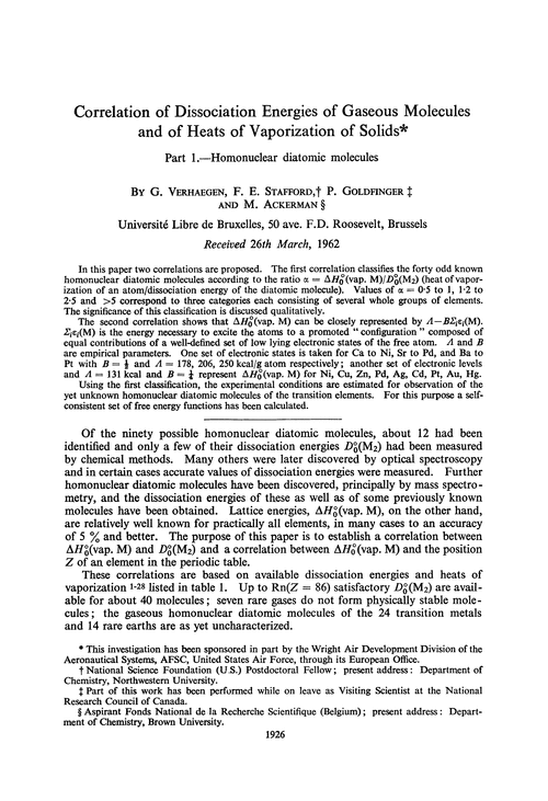 Correlation of dissociation energies of gaseous molecules and of heats of vaporization of solids. Part 1.—Homonuclear diatomic molecules