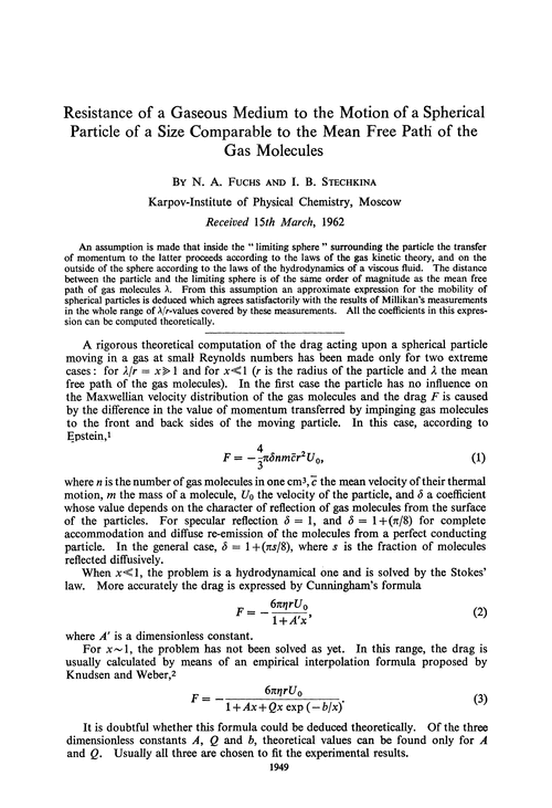 Resistance of a gaseous medium to the motion of a spherical particle of a size comparable to the mean free path of the gas molecules