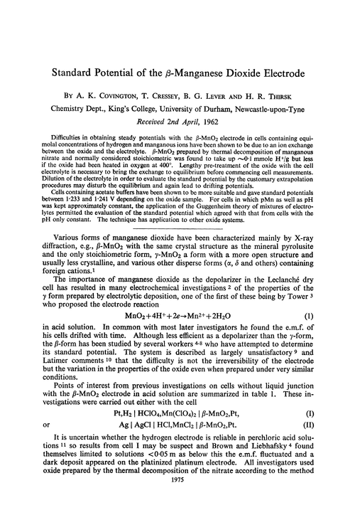 Standard potential of the β-manganese dioxide electrode