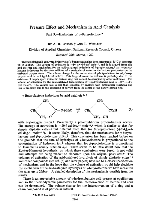 Pressure effect and mechanism in acid catalysis. Part 9.—Hydrolysis of γ-butyrolactone