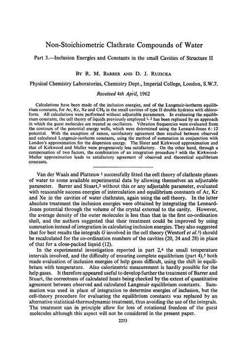 Non-stoichiometric clathrate compounds of water. Part 3.—Inclusion energies and constants in the small cavities of structure II