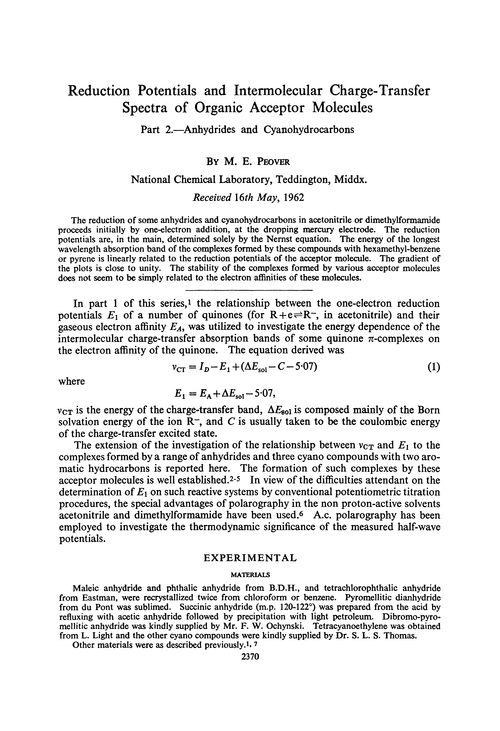 Reduction potentials and intermolecular charge-transfer spectra of organic acceptor molecules. Part 2.—Anhydrides and cyanohydrocarbons