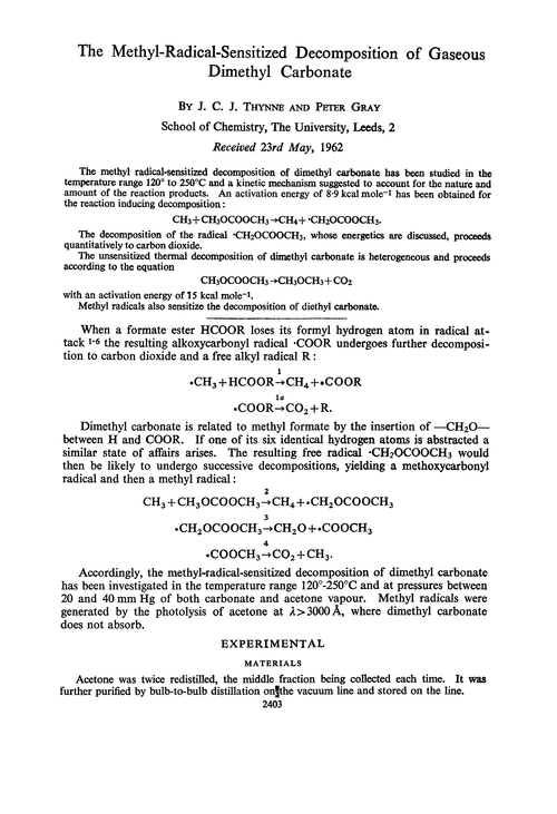 The methyl-radical-sensitized decomposition of gaseous dimethyl carbonate