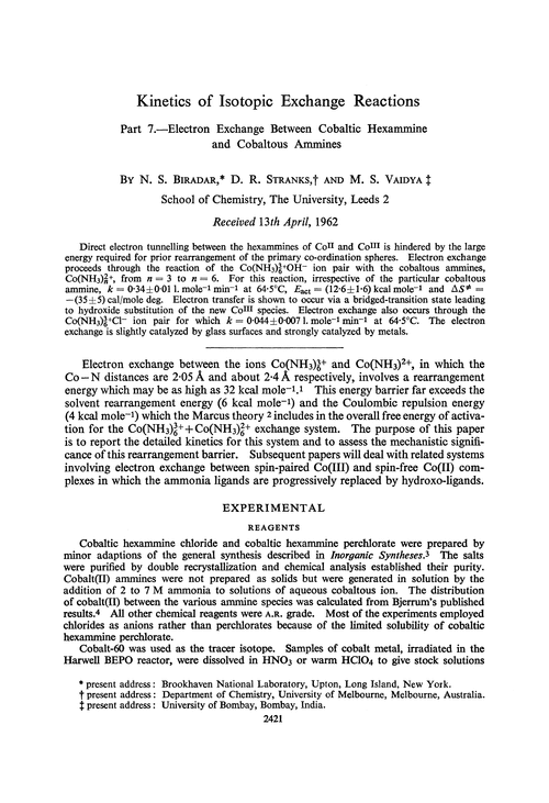 Kinetics of isotopic exchange reactions. Part 7.—Electron exchange between cobaltic hexammine and cobaltous ammines