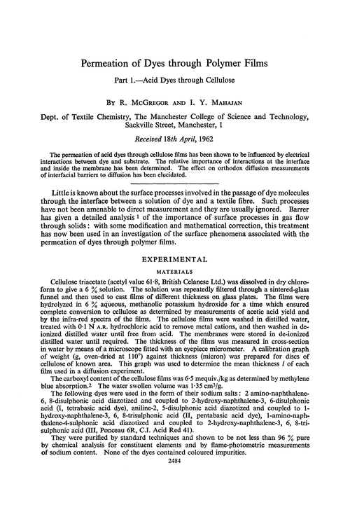 Permeation of dyes through polymer films. Part 1.—Acid dyes through cellulose