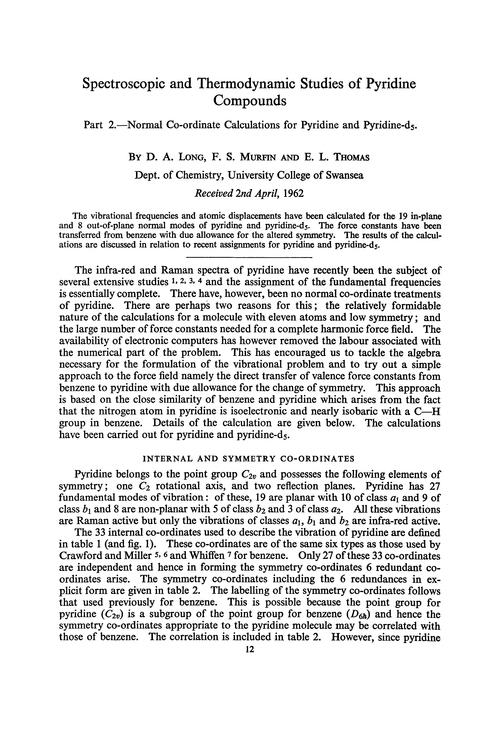 Spectroscopic and thermodynamic studies of pyridine compounds. Part 2.—Normal co-ordinate calculations for pyridine and pyridine-d5.