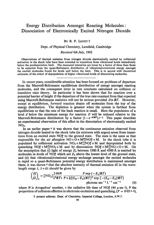 Energy distribution amongst reacting molecules: dissociation of electronically excited nitrogen dioxide