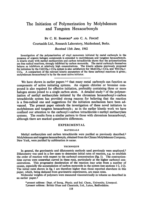 The initiation of polymerization by molybdenum and tungsten hexacarbonyls