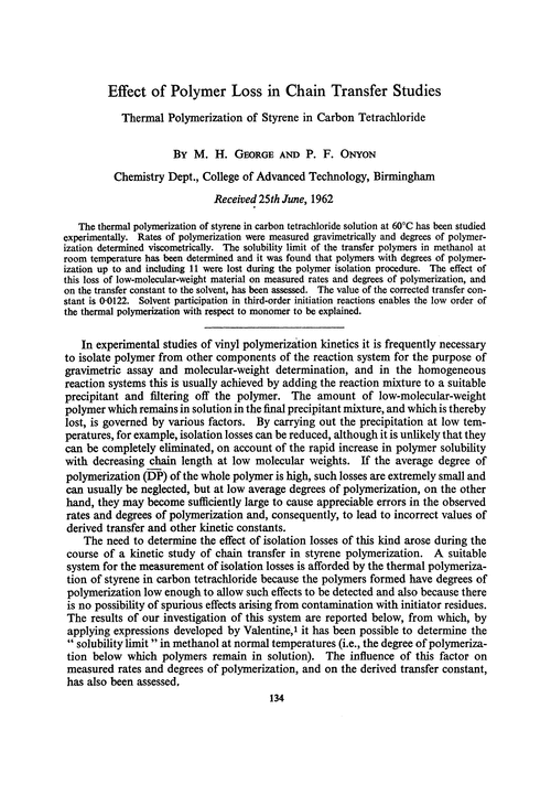 Effect of polymer loss in chain transfer studies. Thermal polymerization of styrene in carbon tetrachloride