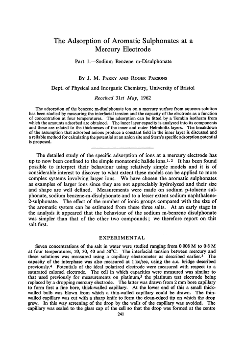 The adsorption of aromatic sulphonates at a mercury electrode. Part 1.—Sodium benzene m-disulphonate